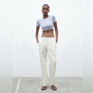 Zara Women’s High Rise Straight White Cargo Pants Size 10 Snap Button Pockets